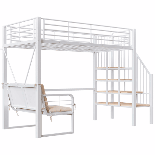 Beliche 90x200 cm - com estrutura metálica resistente, sofá estofado removível, espaço de armazenamento e escada de segurança - Branco