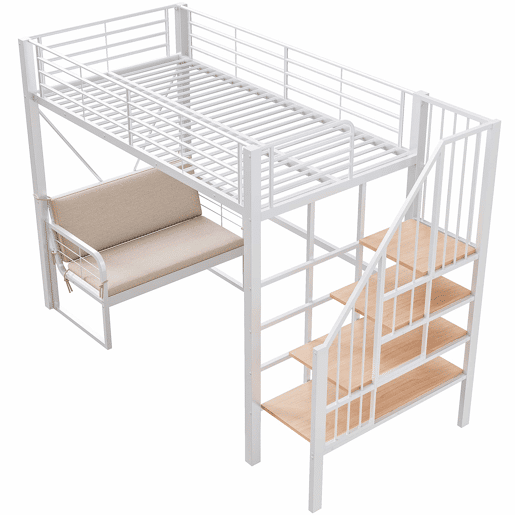 Beliche 90x200 cm - com estrutura metálica resistente, sofá estofado removível, espaço de armazenamento e escada de segurança - Branco