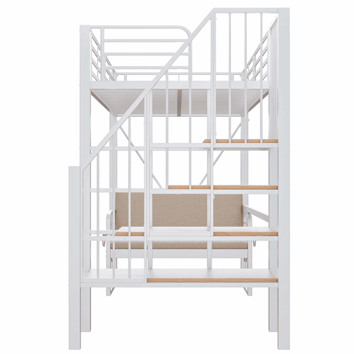 Beliche 90x200 cm - com estrutura metálica resistente, sofá estofado removível, espaço de armazenamento e escada de segurança - Branco