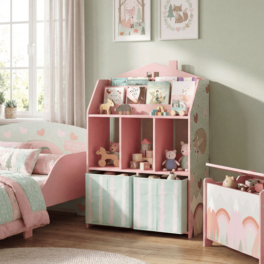 AIYAPLAY Estante Infantil Rosa com Gavetas de Tecido e Design de Raposas para Brinquedos e Livros
