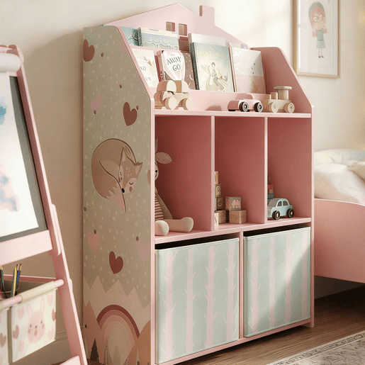AIYAPLAY Estante Infantil Rosa com Gavetas de Tecido e Design de Raposas para Brinquedos e Livros