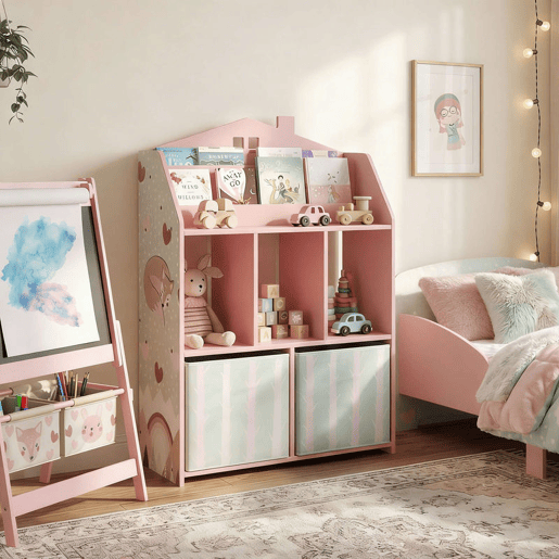 AIYAPLAY Estante Infantil Rosa com Gavetas de Tecido e Design de Raposas para Brinquedos e Livros