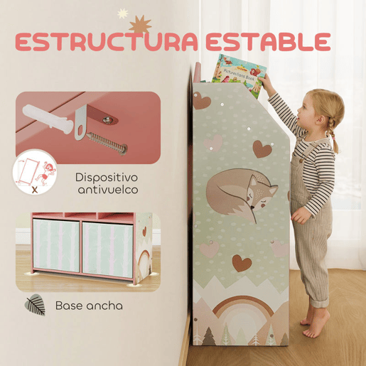 AIYAPLAY Estante Infantil Rosa com Gavetas de Tecido e Design de Raposas para Brinquedos e Livros
