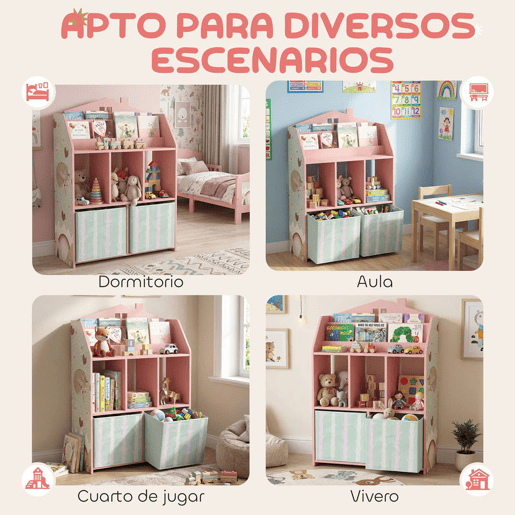 AIYAPLAY Estante Infantil Rosa com Gavetas de Tecido e Design de Raposas para Brinquedos e Livros
