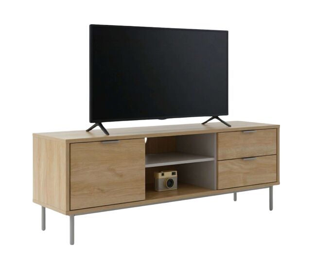 Mueble TV Sforza 2 Cajones Roble Natural, 120 cm (Ancho) para Tv 50 pulgadas Salón Comedor