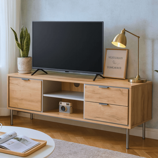 Móvel para TV Sforza com 2 gavetas, carvalho natural, 120 cm (largura) para TV de 50 polegadas, sala de estarjantar.