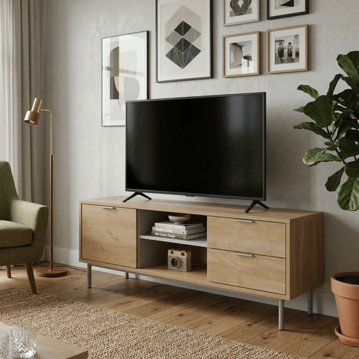 Móvel para TV Sforza com 2 gavetas, carvalho natural, 120 cm (largura) para TV de 50 polegadas, sala de estarjantar.