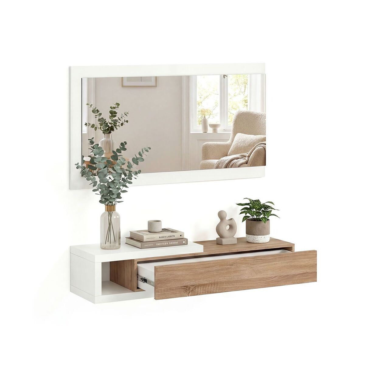 Mueble recibidor con 1 cajón y espejo en blanco mate y roble canadian 95 cm derek blanco artik (blanco mate) - roble canadian 95 x 19 x 26 cm