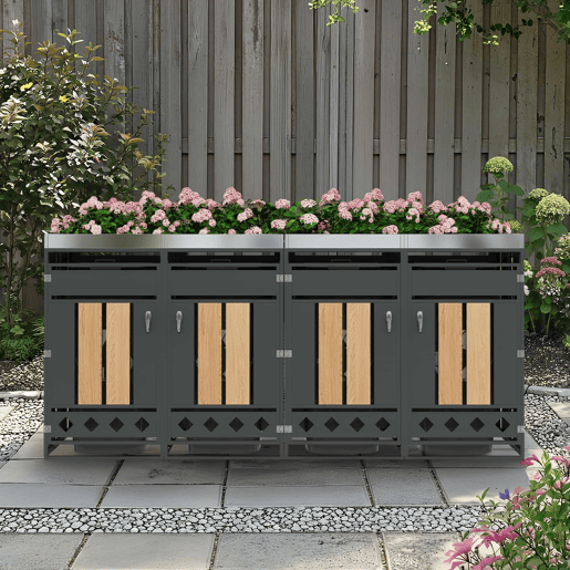 Caixa para lixo com compartimentos de armazenamento - Com orifícios de ventilação em forma de losango, 4 portas, área para plantas, painéis das portas com veios de madeira verticais - Cinza, Madeira