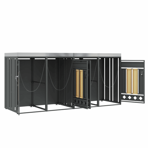 Caixa para lixo com compartimentos de armazenamento - Com orifícios de ventilação em forma de losango, 4 portas, área para plantas, painéis das portas com veios de madeira verticais - Cinza, Madeira