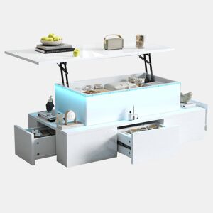 Mesa de centro elevável retangular de mdf com luz led,branco