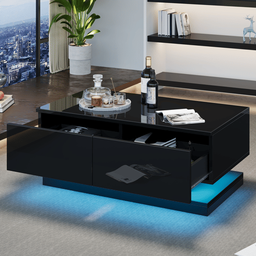 Mesa de centro retangular de painel de partÃculas com 2 gavetas e luz led,preto Mesa de centro retangular de painel de partÃculas com 2 gavetas e luz led,preto