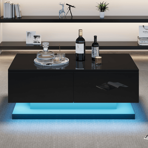 Mesa de centro retangular de painel de partÃculas com 2 gavetas e luz led,preto Mesa de centro retangular de painel de partÃculas com 2 gavetas e luz led,preto