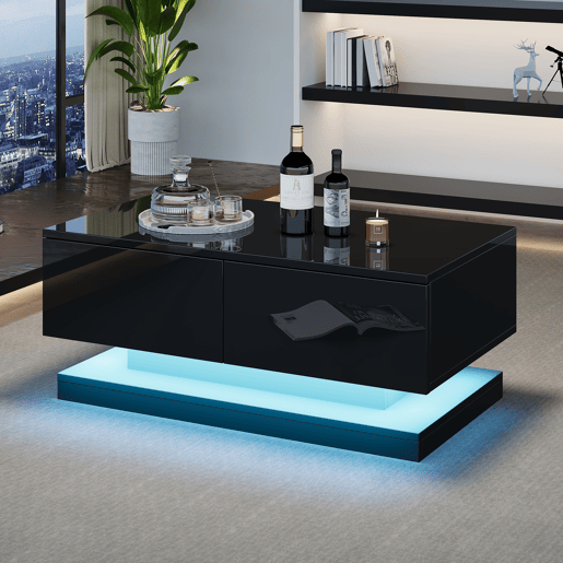 Mesa de centro retangular de painel de partÃculas com 2 gavetas e luz led,preto Mesa de centro retangular de painel de partÃculas com 2 gavetas e luz led,preto