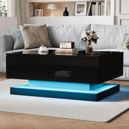 Mesa de centro retangular de painel de partÃculas com 2 gavetas e luz led,preto Mesa de centro retangular de painel de partÃculas com 2 gavetas e luz led,preto