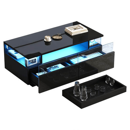 Mesa de centro retangular de mdf com 2 gavetas e luz led,preto