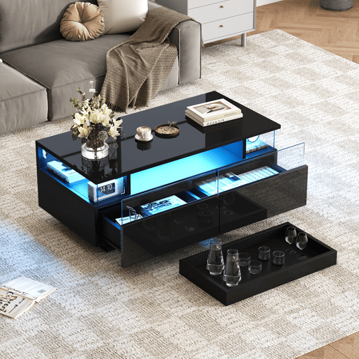 Mesa de centro retangular de mdf com 2 gavetas e luz led,preto