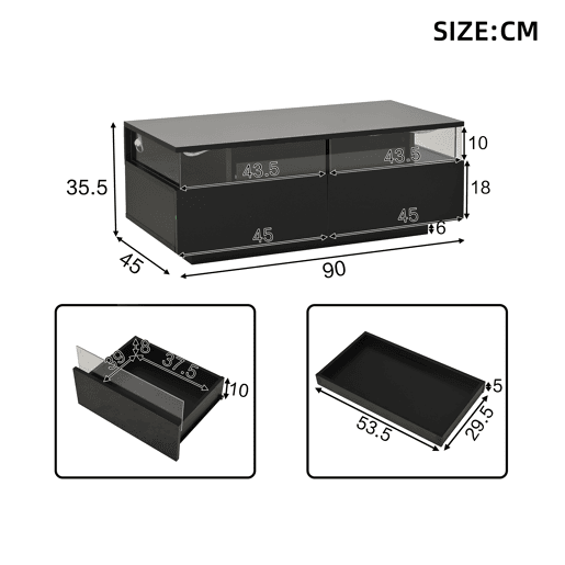 Mesa de centro retangular de mdf com 2 gavetas e luz led,preto