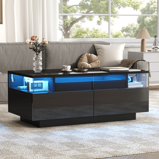 Mesa de centro retangular de mdf com 2 gavetas e luz led,preto