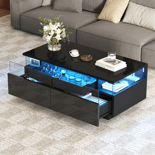 Mesa de centro retangular de mdf com 2 gavetas e luz led,preto