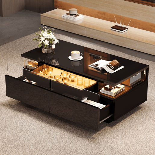 Mesa de centro retangular de mdf com 2 gavetas e luz led,preto