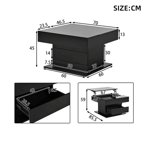 Mesa de centro elevável quadrada de painel de partículas,preto Mesa de centro elevável quadrada de painel de partículas,preto