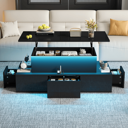 Mesa de centro elevável retangular de mdf com luz led,preto Mesa de centro elevável retangular de mdf com luz led,preto