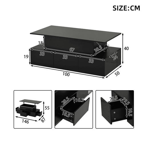 Mesa de centro elevável retangular de mdf com luz led,preto Mesa de centro elevável retangular de mdf com luz led,preto