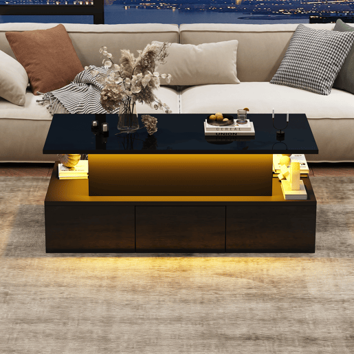 Mesa de centro elevável retangular de mdf com luz led,preto Mesa de centro elevável retangular de mdf com luz led,preto