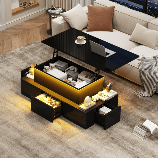 Mesa de centro elevável retangular de mdf com luz led,preto Mesa de centro elevável retangular de mdf com luz led,preto