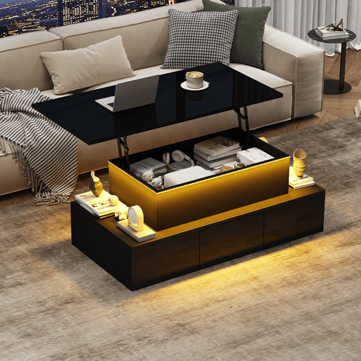 Mesa de centro elevável retangular de mdf com luz led,preto Mesa de centro elevável retangular de mdf com luz led,preto