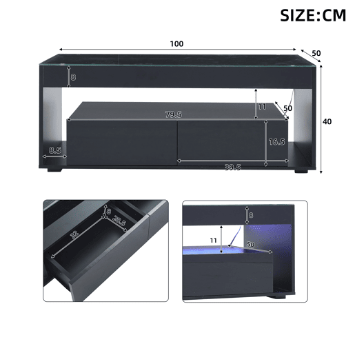 Mesa de centro retangular de painel de partículas com 2 gavetas e luz led,preto