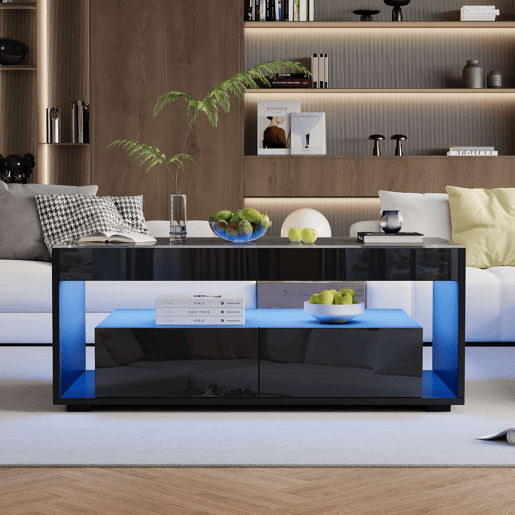 Mesa de centro retangular de painel de partículas com 2 gavetas e luz led,preto