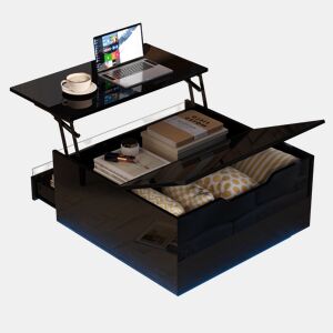 Mesa de centro elevável quadrada de painel de partÃculas com luz led,preto