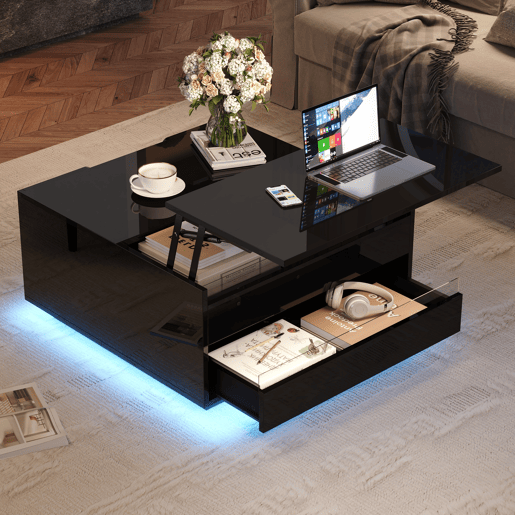 Mesa de centro elevável quadrada de painel de partículas com luz led,preto