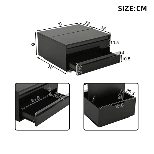 Mesa de centro elevável quadrada de painel de partículas com luz led,preto