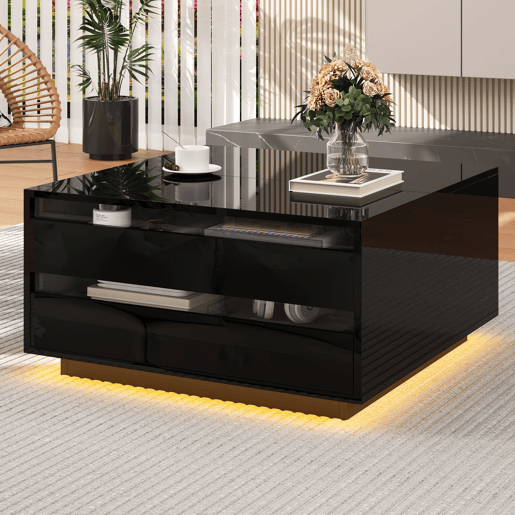 Mesa de centro elevável quadrada de painel de partículas com luz led,preto