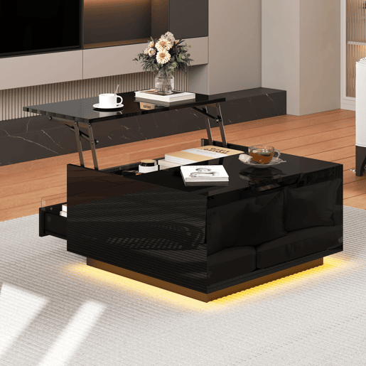 Mesa de centro elevável quadrada de painel de partículas com luz led,preto