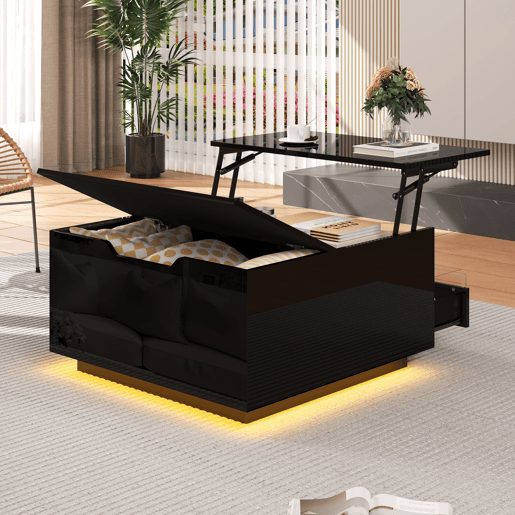 Mesa de centro elevável quadrada de painel de partículas com luz led,preto