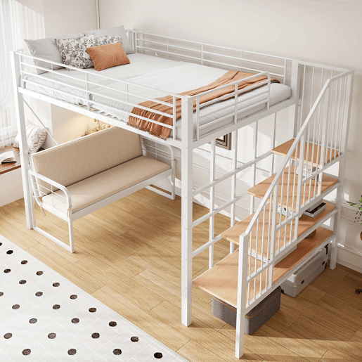 Beliche 140x200 - Estrutura metálica, sofá estofado desmontável, arrumação, escada de segurança - Branco