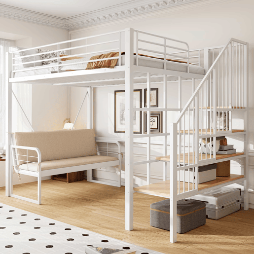 Beliche 140x200 - Estrutura metálica, sofá estofado desmontável, arrumação, escada de segurança - Branco