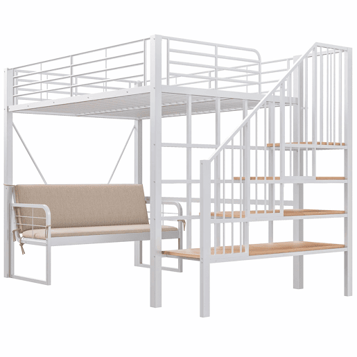Beliche 140x200 - Estrutura metálica, sofá estofado desmontável, arrumação, escada de segurança - Branco