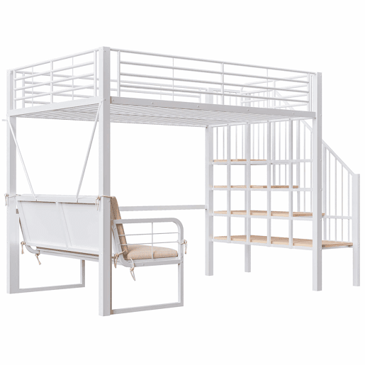 Beliche 140x200 - Estrutura metálica, sofá estofado desmontável, arrumação, escada de segurança - Branco