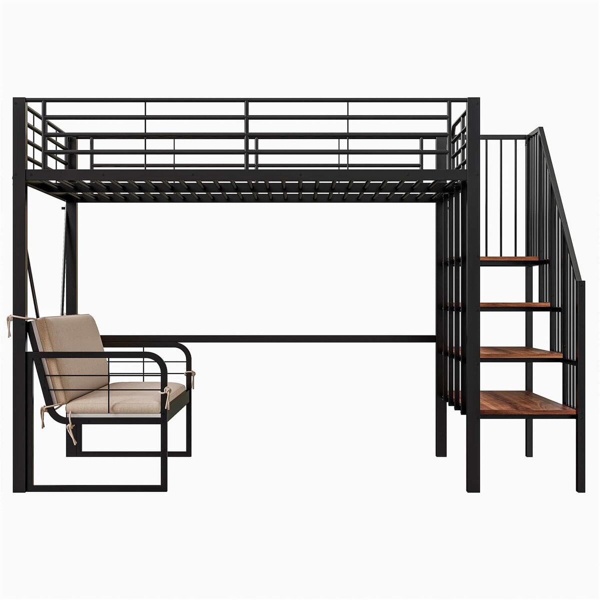 Litera 140x200 - estructura metálica, sofá tapizado desmontable, almacenamiento, escalera de seguridad - negro