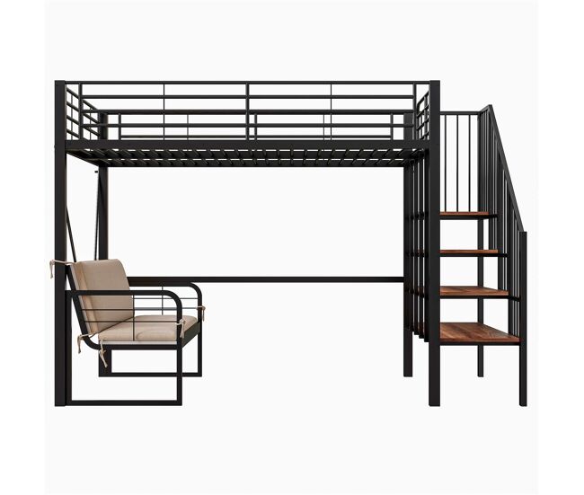 Litera 140x200 - estructura metálica, sofá tapizado desmontable, almacenamiento, escalera de seguridad - negro