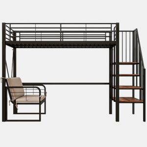 Beliche 90x200 - Estrutura metálica, sofá estofado desmontável, arrumação, escada de segurança - Preto
