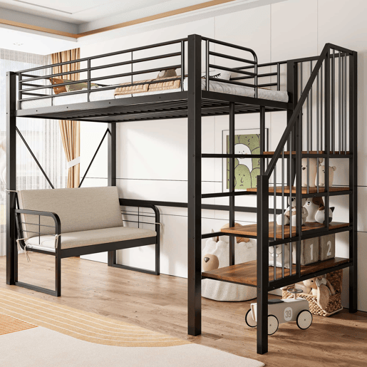 Beliche 90x200 - Estrutura metálica, sofá estofado desmontável, arrumação, escada de segurança - Preto