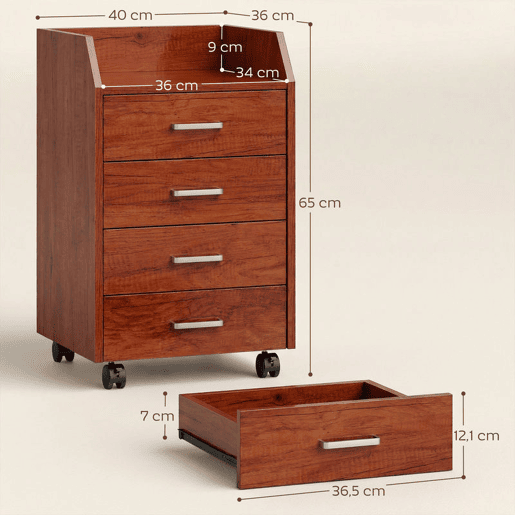 Vinsetto Bloco de Gavetas de Escritório com Rodas Bloco de Gavetas com 4 Gavetas Organizador Móvel para Escritório Sala ou Quarto 40x36x65 cm Castanho