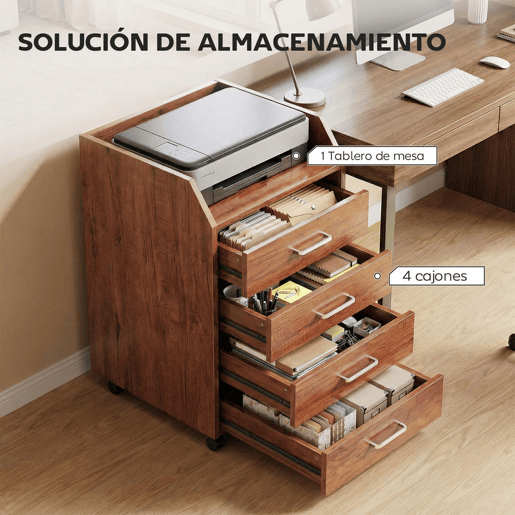 Vinsetto Bloco de Gavetas de Escritório com Rodas Bloco de Gavetas com 4 Gavetas Organizador Móvel para Escritório Sala ou Quarto 40x36x65 cm Castanho