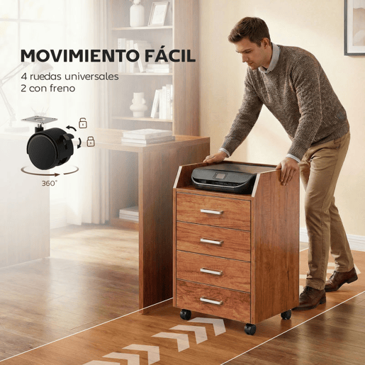 Vinsetto Bloco de Gavetas de Escritório com Rodas Bloco de Gavetas com 4 Gavetas Organizador Móvel para Escritório Sala ou Quarto 40x36x65 cm Castanho